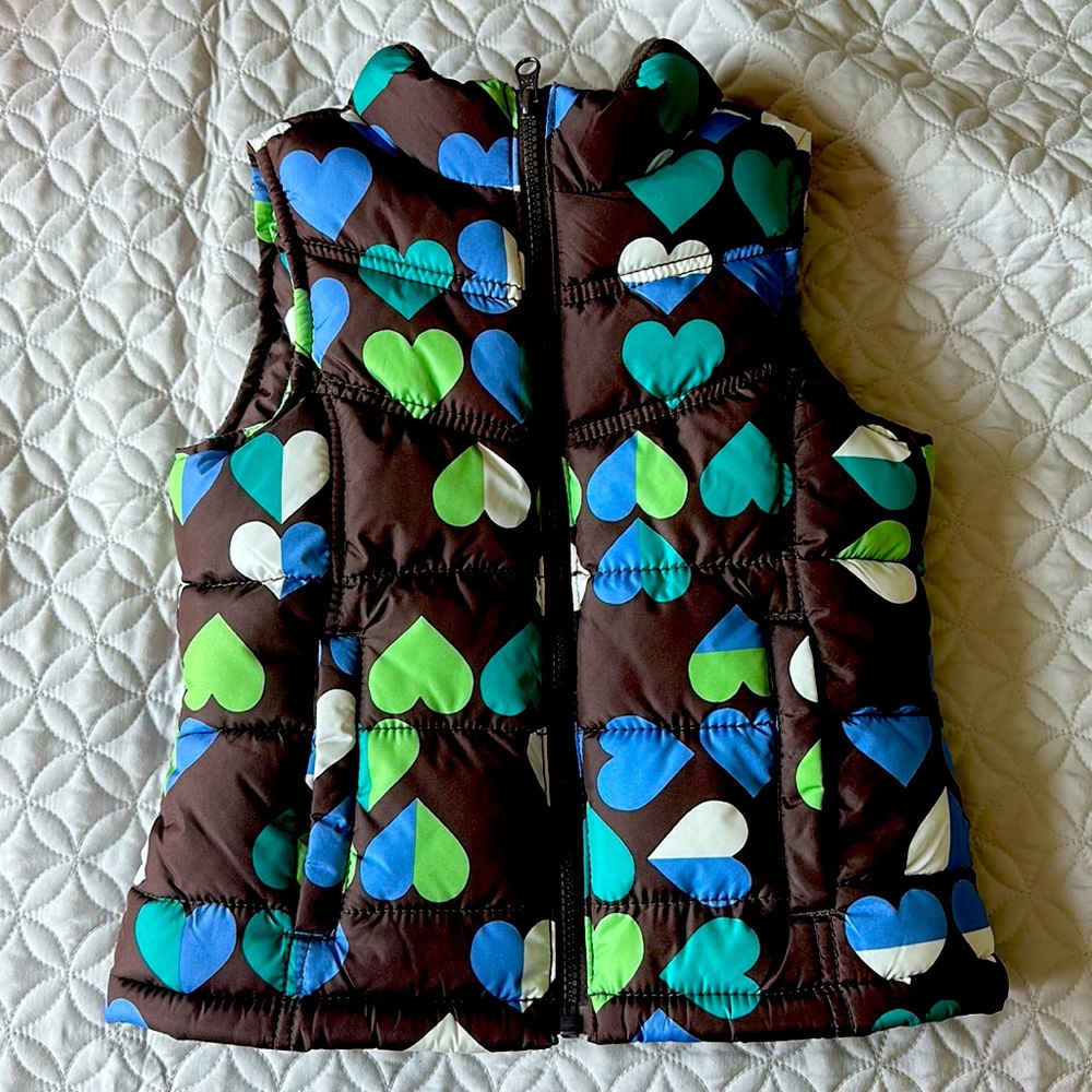 Dark brown / espresso puffer vest with green /blue hearts for girls